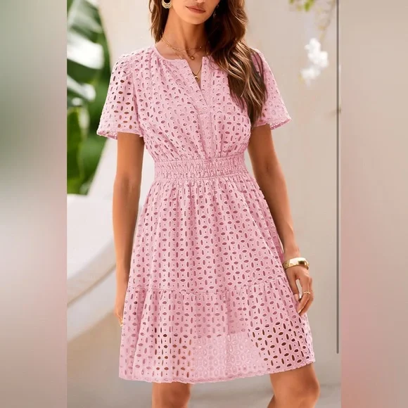 PRETTYGARDEN Short Dress V Neck Short Sleeve A Line Hollow Out Lace Ruffle Dress - Picture 4 of 14